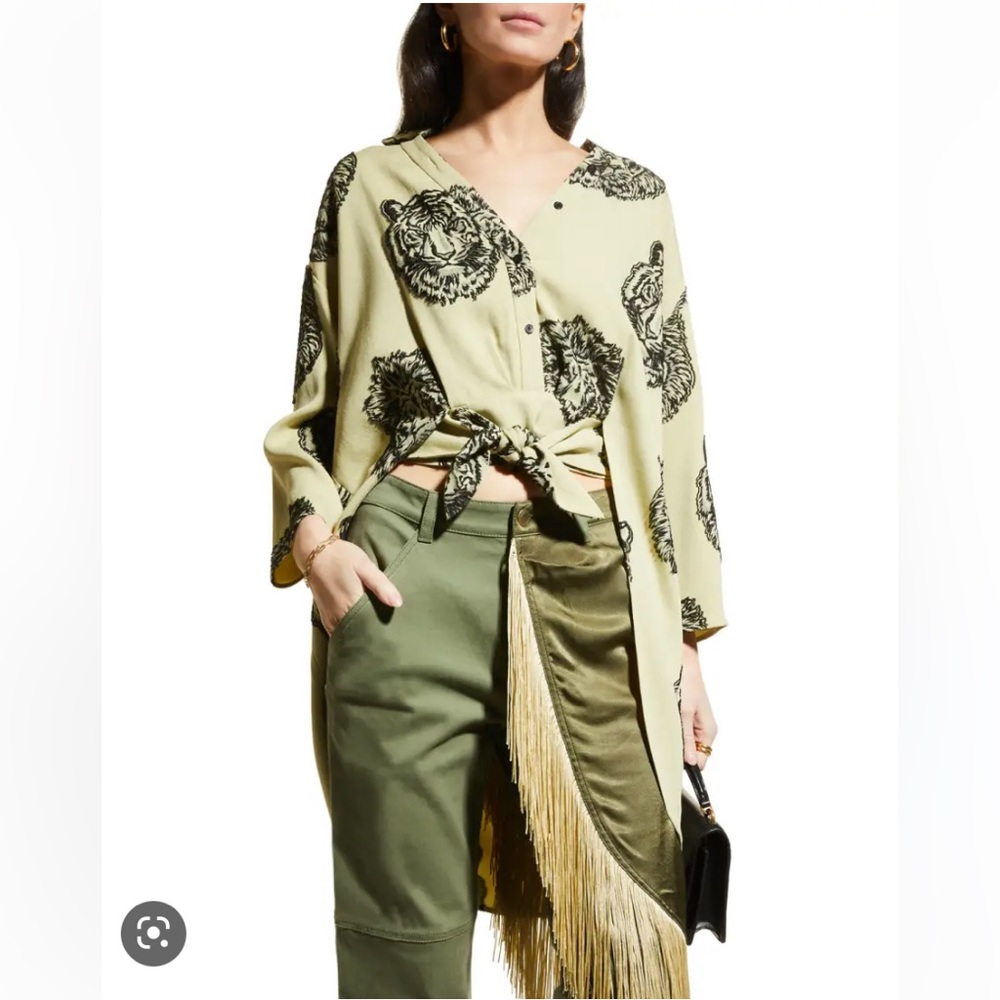 NWT Hellessy Tollin Tiger Graphic animal print Shirt tunic blouse Celadon black